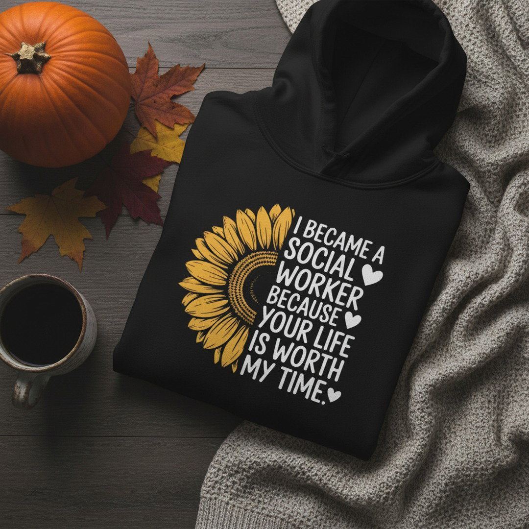 Social Worker Half Sunflower Hoodie — Minimal Yellow Floral Back Print
