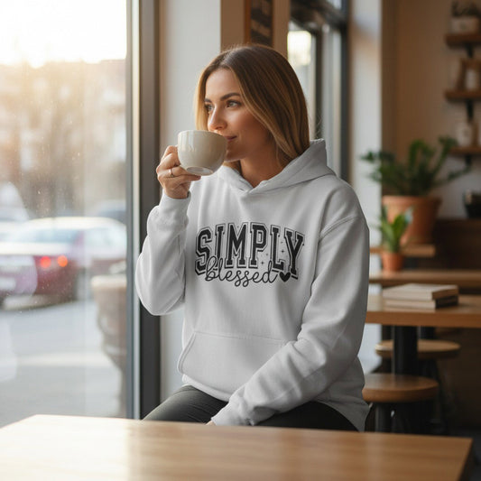 Hoodie — "Simply Blessed" Cozy Script Pullover