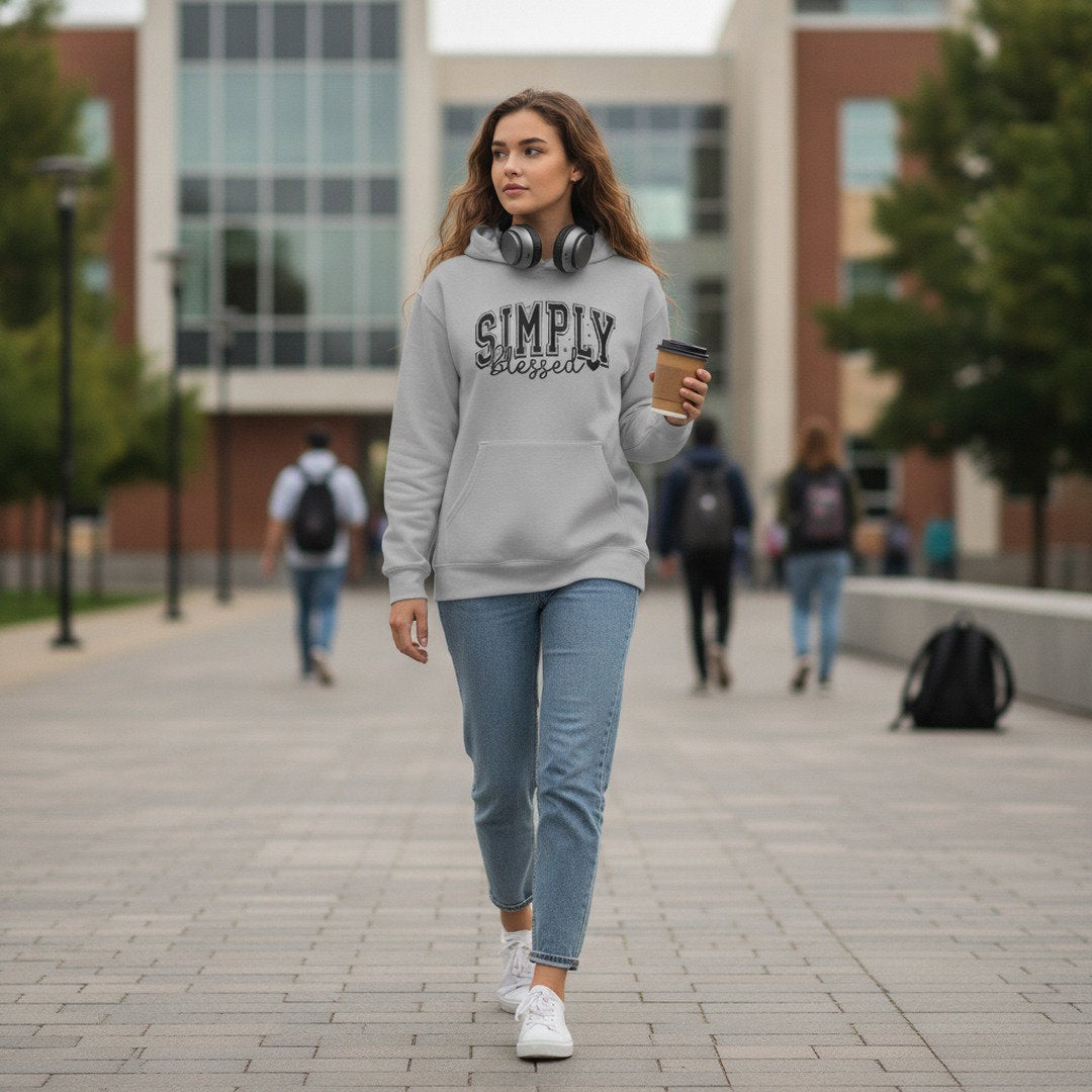 Hoodie — "Simply Blessed" Cozy Script Pullover