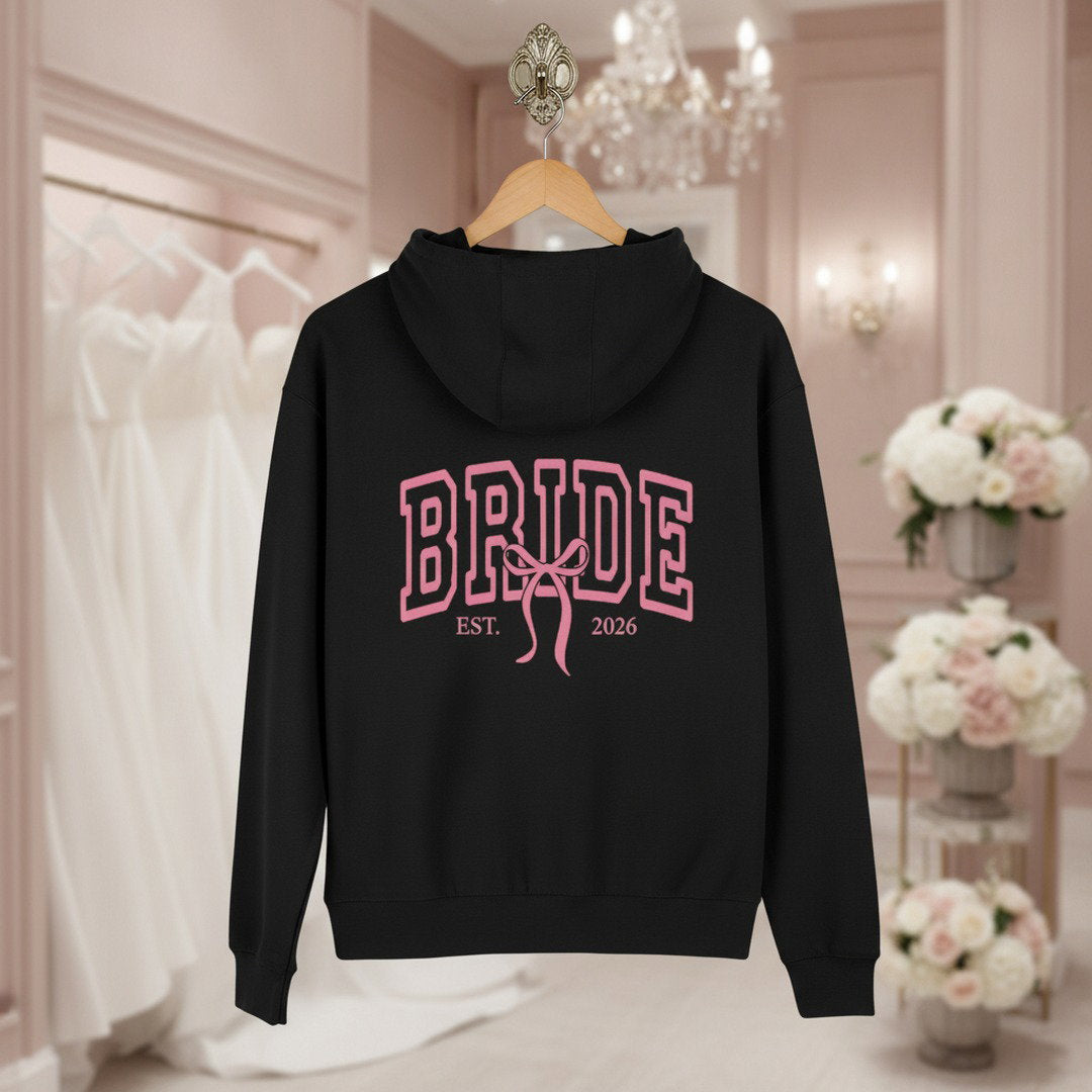 Bride Varsity Zip Hoodie — Pink Ribbon Bridal Party Pullover