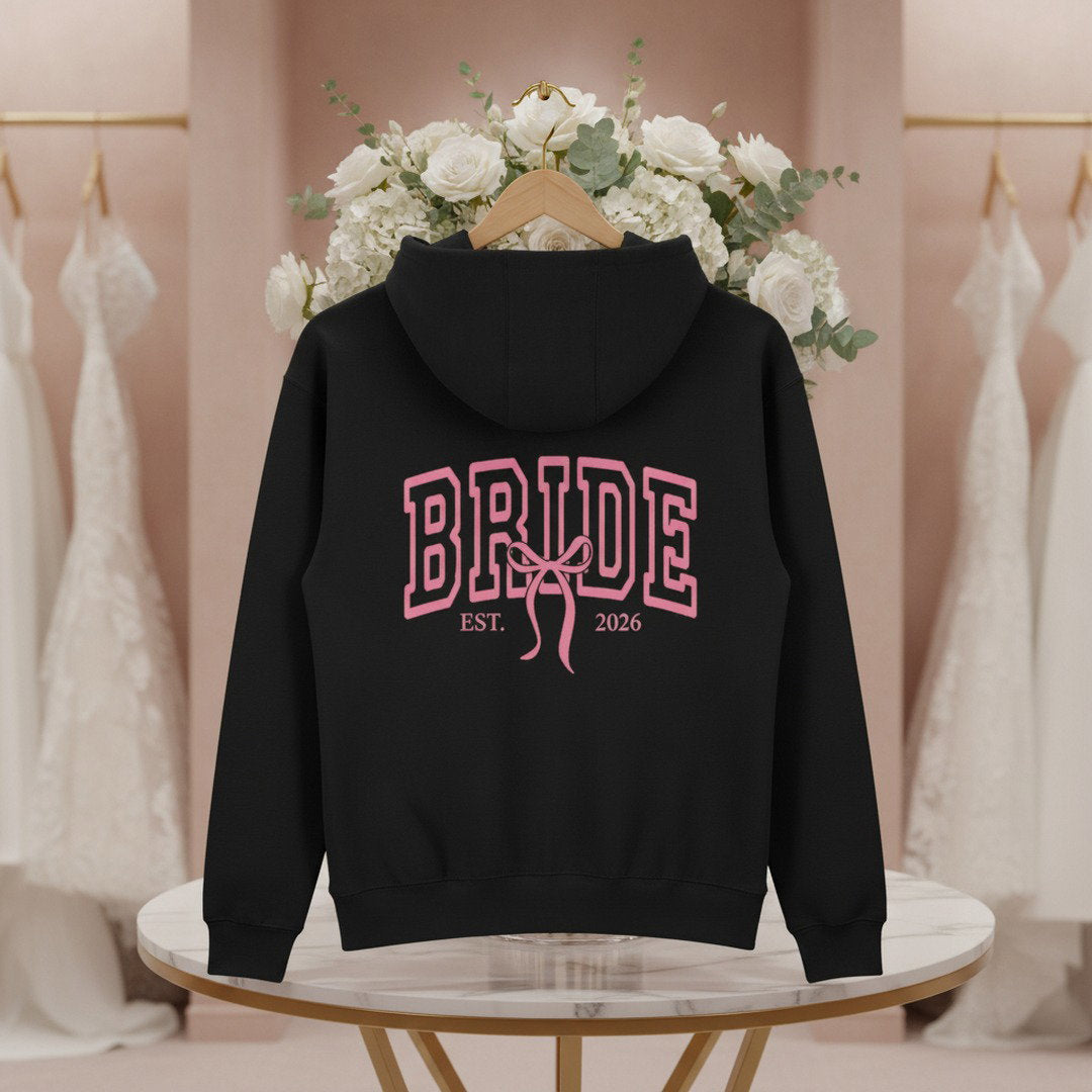 Bride Varsity Zip Hoodie — Pink Ribbon Bridal Party Pullover