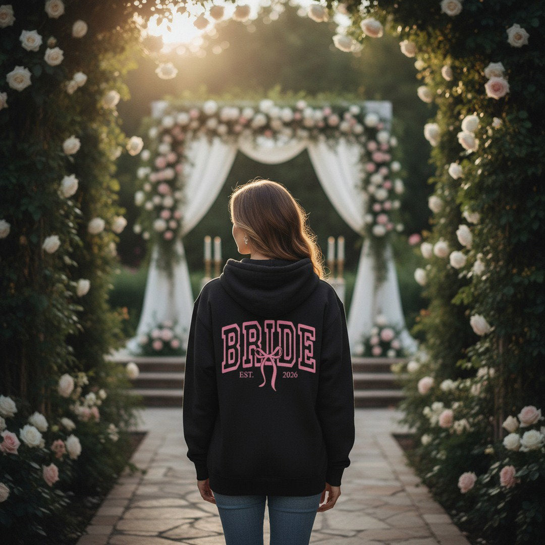 Bride Varsity Zip Hoodie — Pink Ribbon Bridal Party Pullover