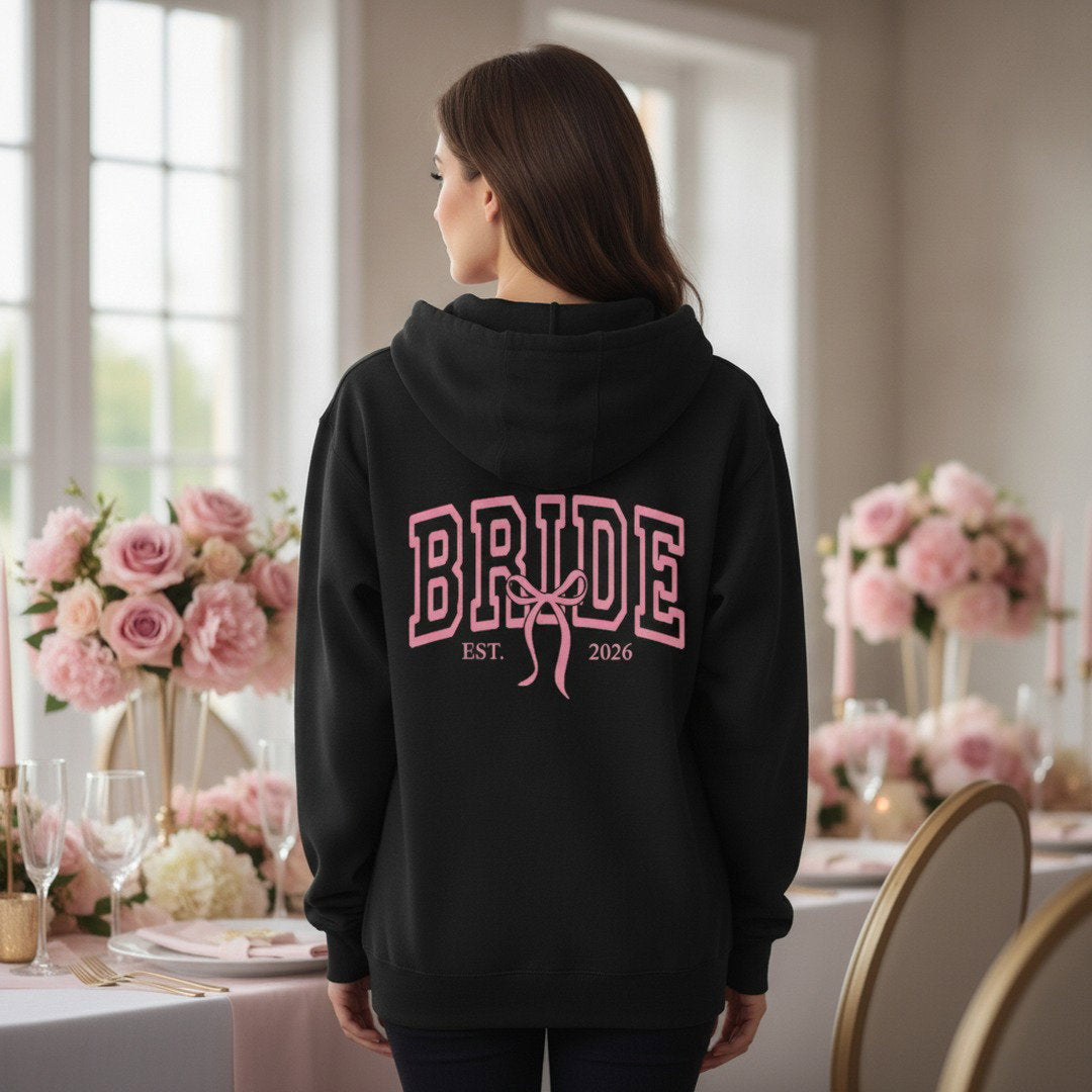 Bride Varsity Zip Hoodie — Pink Ribbon Bridal Party Pullover