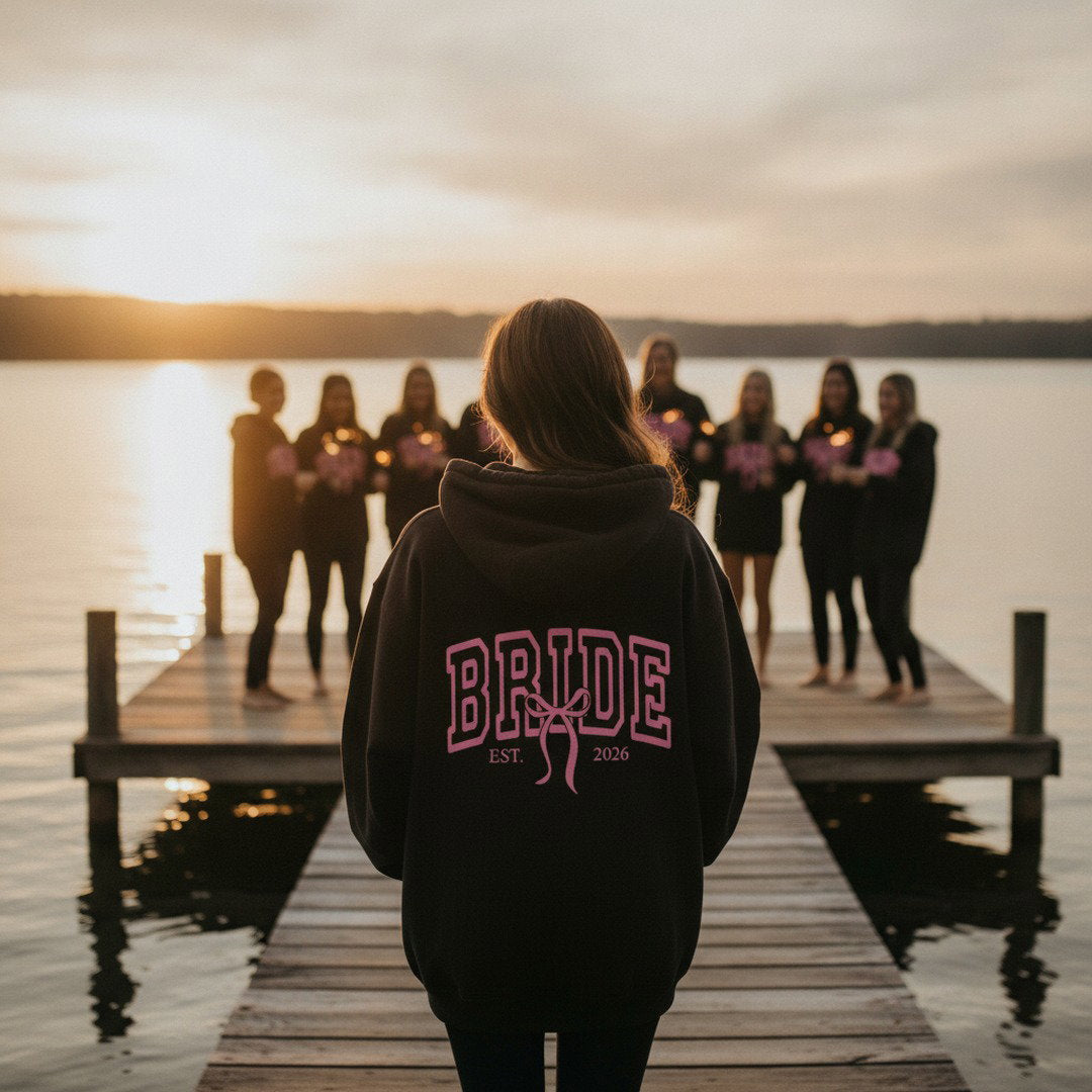 Bride Varsity Zip Hoodie — Pink Ribbon Bridal Party Pullover
