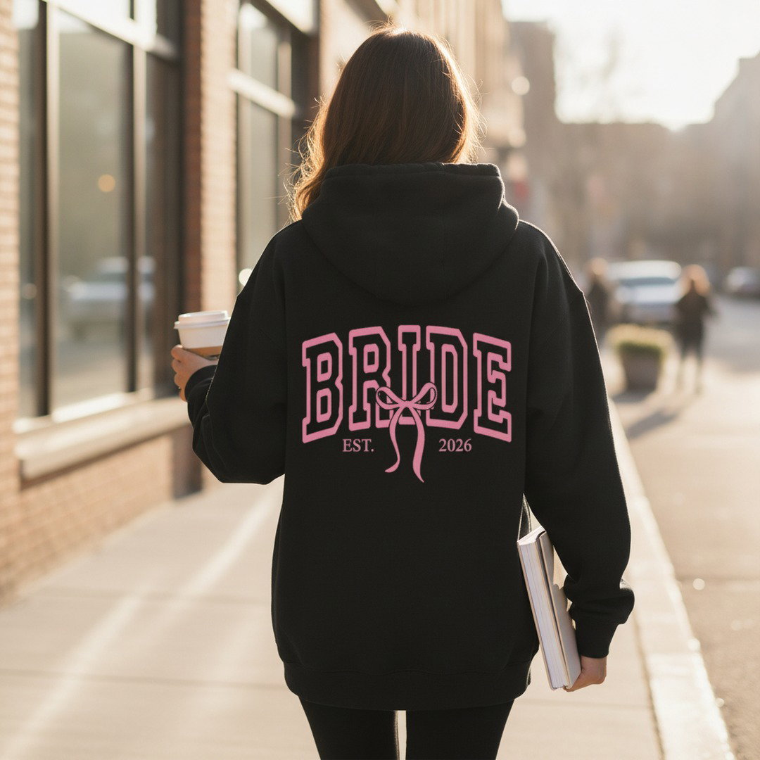 Bride Varsity Zip Hoodie — Pink Ribbon Bridal Party Pullover