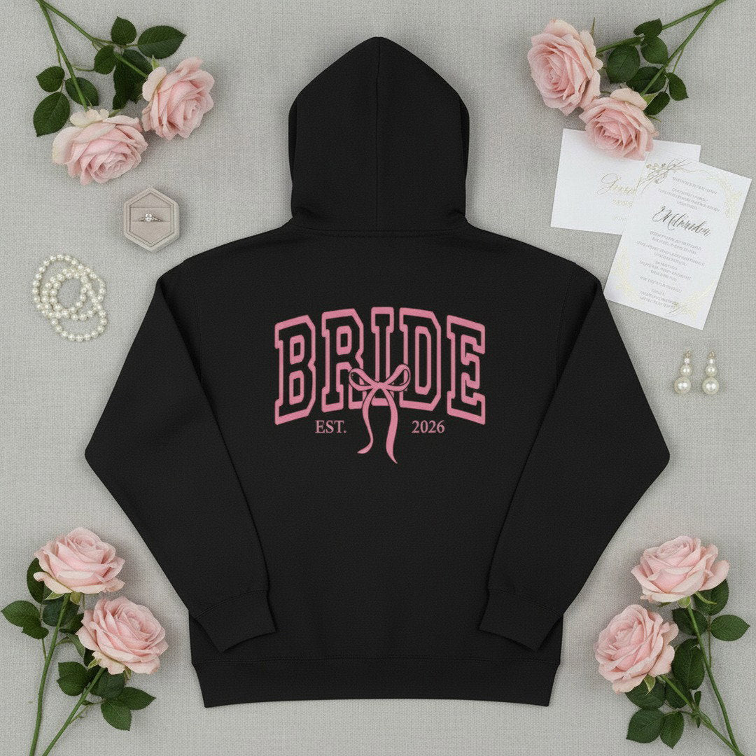 Bride Varsity Zip Hoodie — Pink Ribbon Bridal Party Pullover