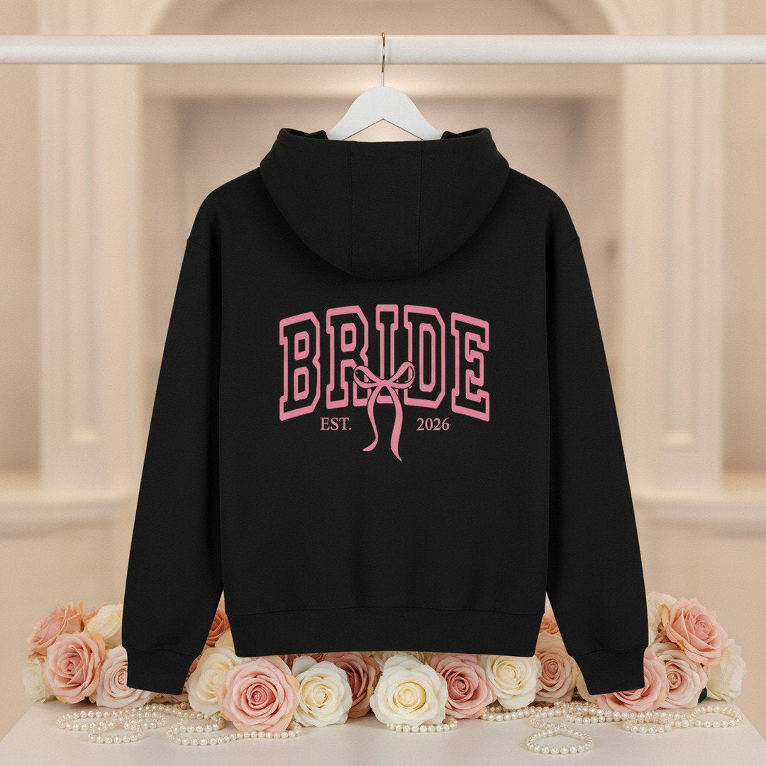 Bride Varsity Zip Hoodie — Pink Ribbon Bridal Party Pullover