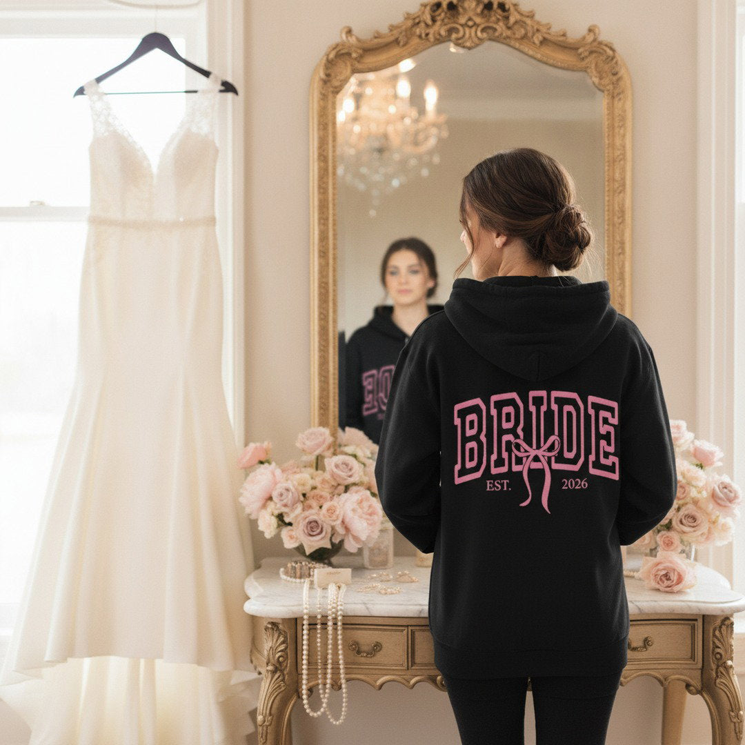 Bride Varsity Zip Hoodie — Pink Ribbon Bridal Party Pullover
