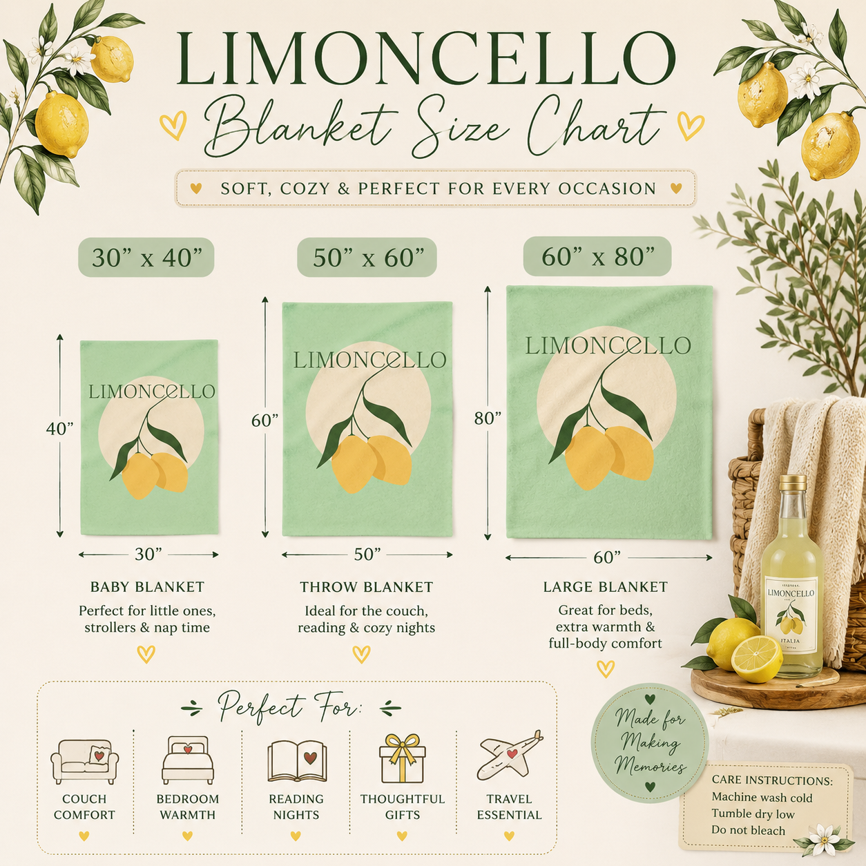 Limoncello Throw Blanket | Italian Summer Lemon Cozy Blanket | Citrus Home Decor Gift