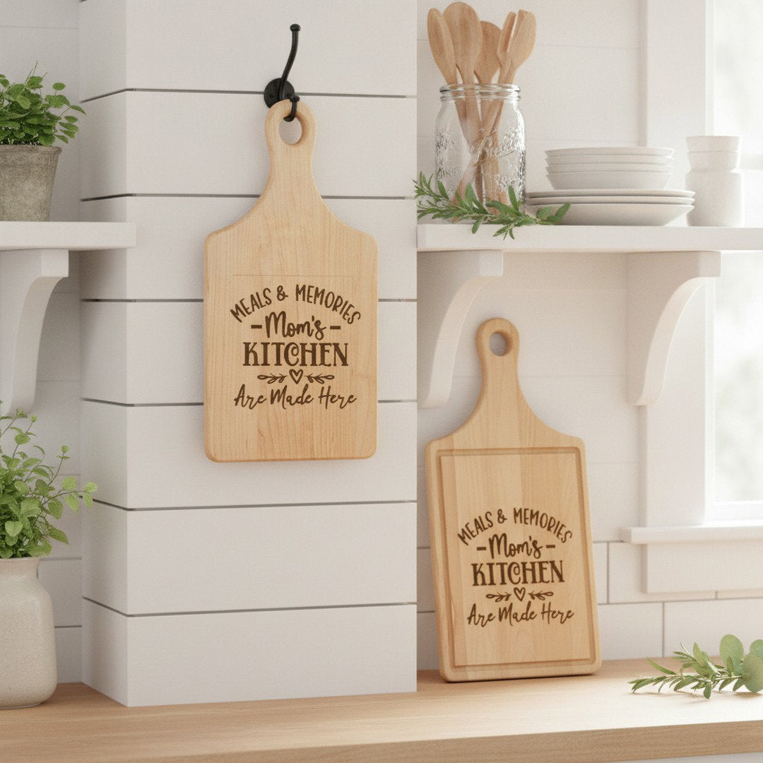 Meals & Memories Mom's Kitchen Engraved Wooden Cutting Board | Personalized Kitchen Decor Gift for Mom
