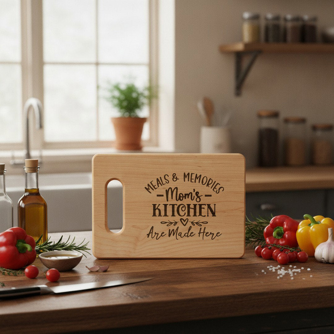 Meals & Memories Mom's Kitchen Engraved Wooden Cutting Board | Personalized Kitchen Decor Gift for Mom