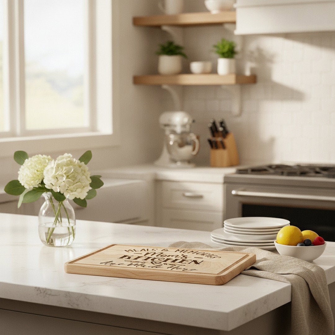Meals & Memories Mom's Kitchen Engraved Wooden Cutting Board | Personalized Kitchen Decor Gift for Mom
