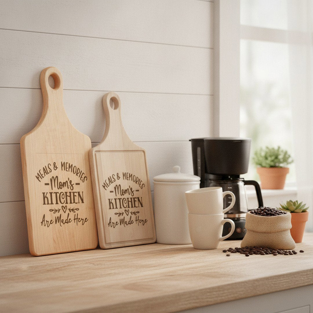 Meals & Memories Mom's Kitchen Engraved Wooden Cutting Board | Personalized Kitchen Decor Gift for Mom