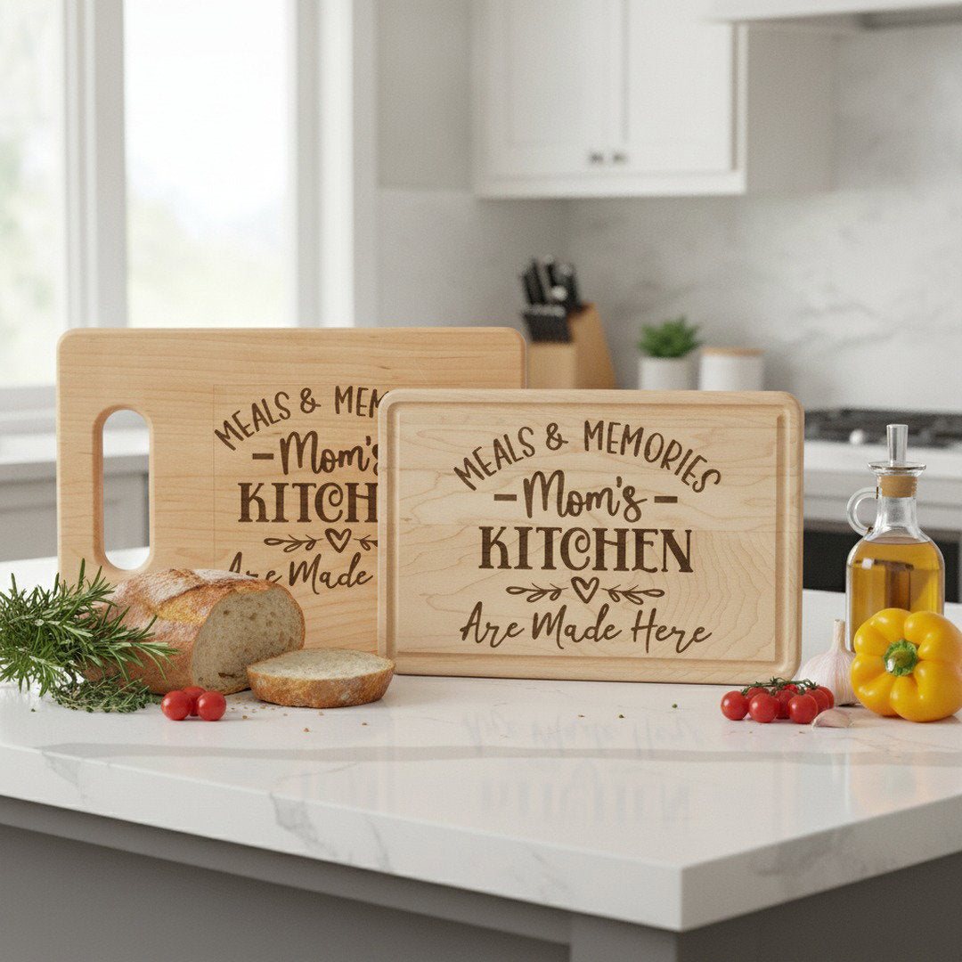Meals & Memories Mom's Kitchen Engraved Wooden Cutting Board | Personalized Kitchen Decor Gift for Mom