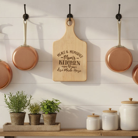 Meals & Memories Mom's Kitchen Engraved Wooden Cutting Board | Personalized Kitchen Decor Gift for Mom