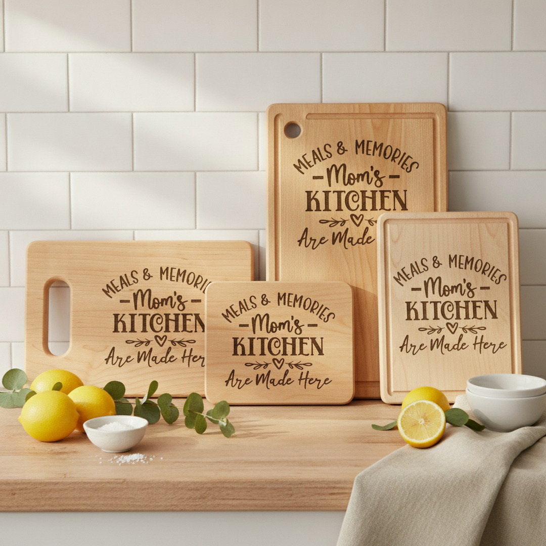 Meals & Memories Mom's Kitchen Engraved Wooden Cutting Board | Personalized Kitchen Decor Gift for Mom