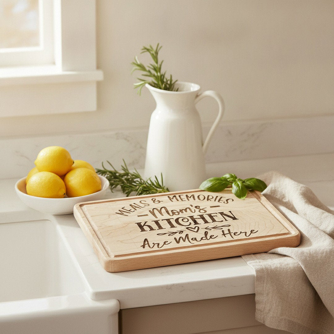 Meals & Memories Mom's Kitchen Engraved Wooden Cutting Board | Personalized Kitchen Decor Gift for Mom