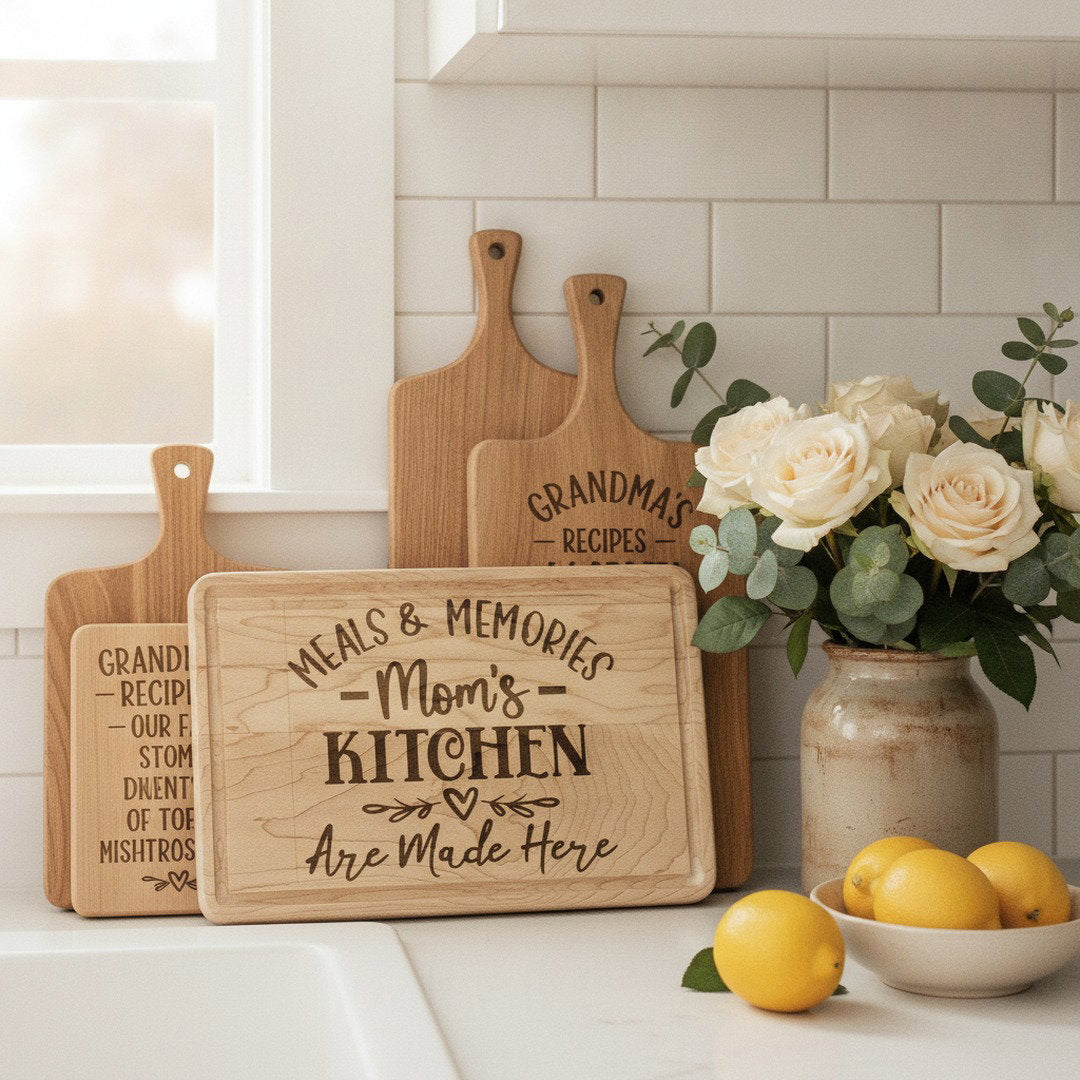 Meals & Memories Mom's Kitchen Engraved Wooden Cutting Board | Personalized Kitchen Decor Gift for Mom