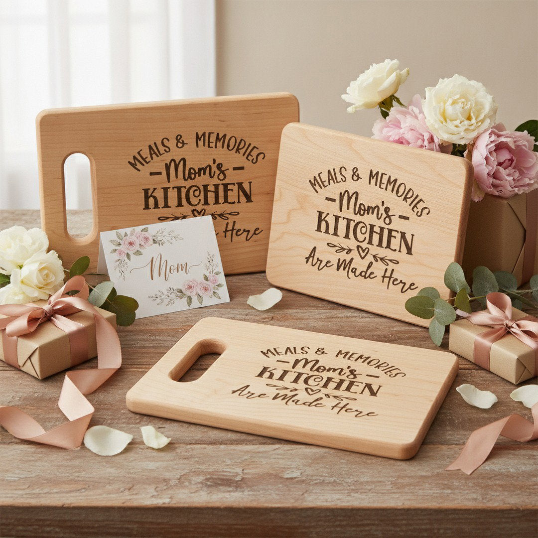 Meals & Memories Mom's Kitchen Engraved Wooden Cutting Board | Personalized Kitchen Decor Gift for Mom