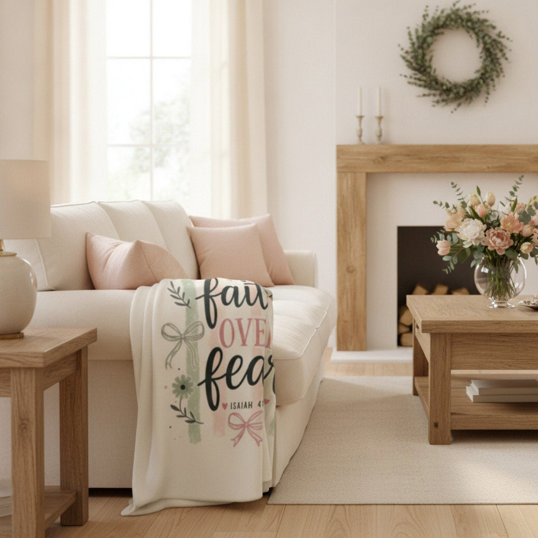 Faith Over Fear Sherpa Fleece Blanket | Christian Inspirational Throw | Isaiah 41:10 Cozy Blanket | Faith Gift