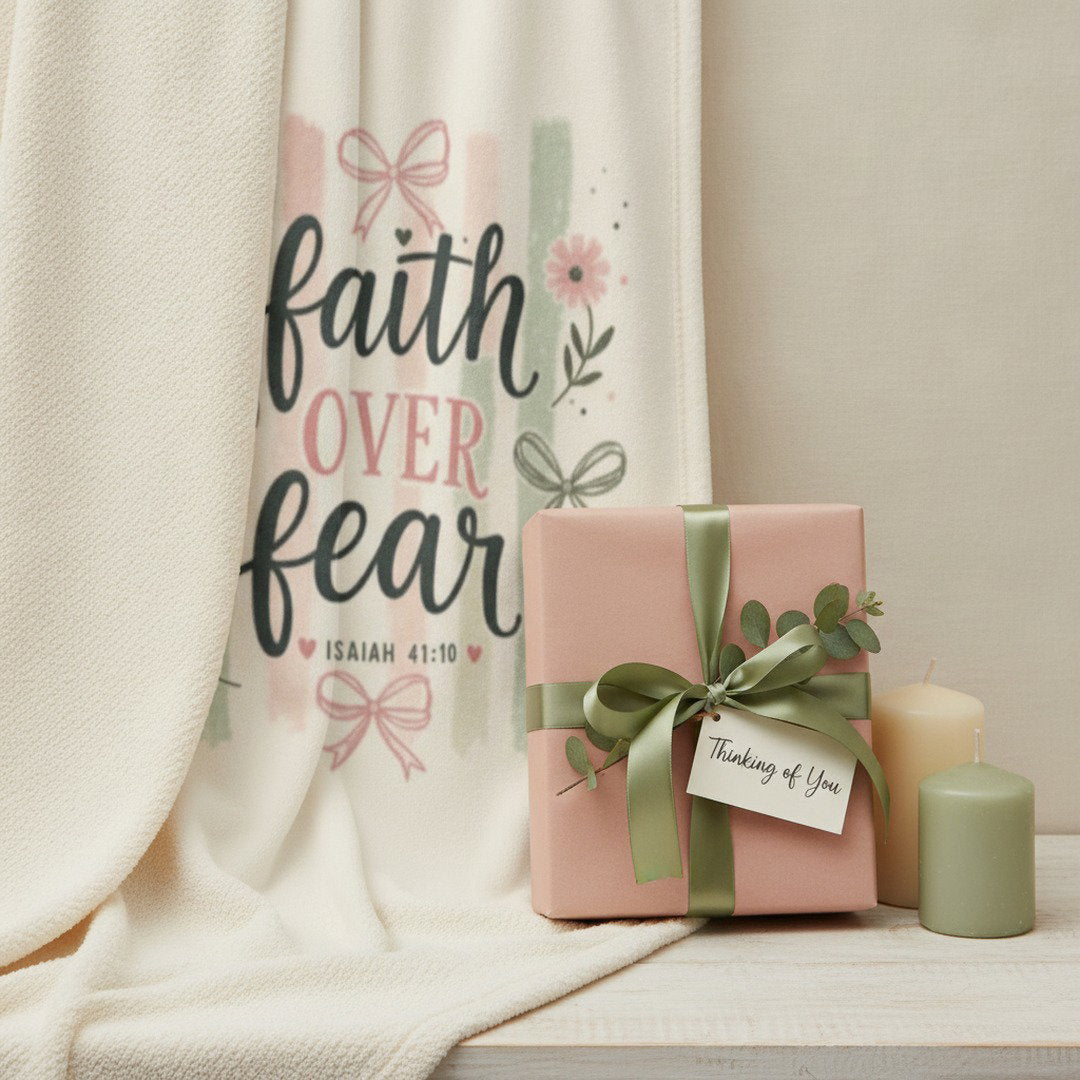 Faith Over Fear Sherpa Fleece Blanket | Christian Inspirational Throw | Isaiah 41:10 Cozy Blanket | Faith Gift