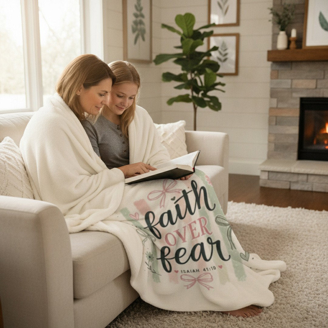 Faith Over Fear Sherpa Fleece Blanket | Christian Inspirational Throw | Isaiah 41:10 Cozy Blanket | Faith Gift