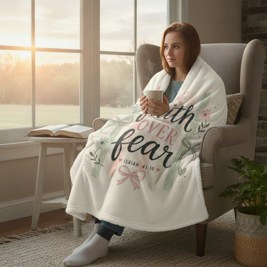 Faith Over Fear Sherpa Fleece Blanket | Christian Inspirational Throw | Isaiah 41:10 Cozy Blanket | Faith Gift