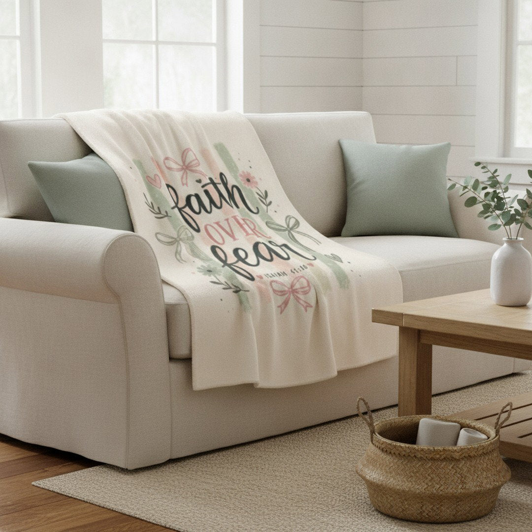 Faith Over Fear Sherpa Fleece Blanket | Christian Inspirational Throw | Isaiah 41:10 Cozy Blanket | Faith Gift