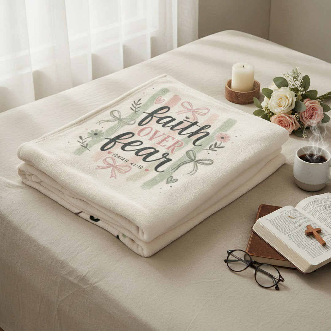 Faith Over Fear Sherpa Fleece Blanket | Christian Inspirational Throw | Isaiah 41:10 Cozy Blanket | Faith Gift