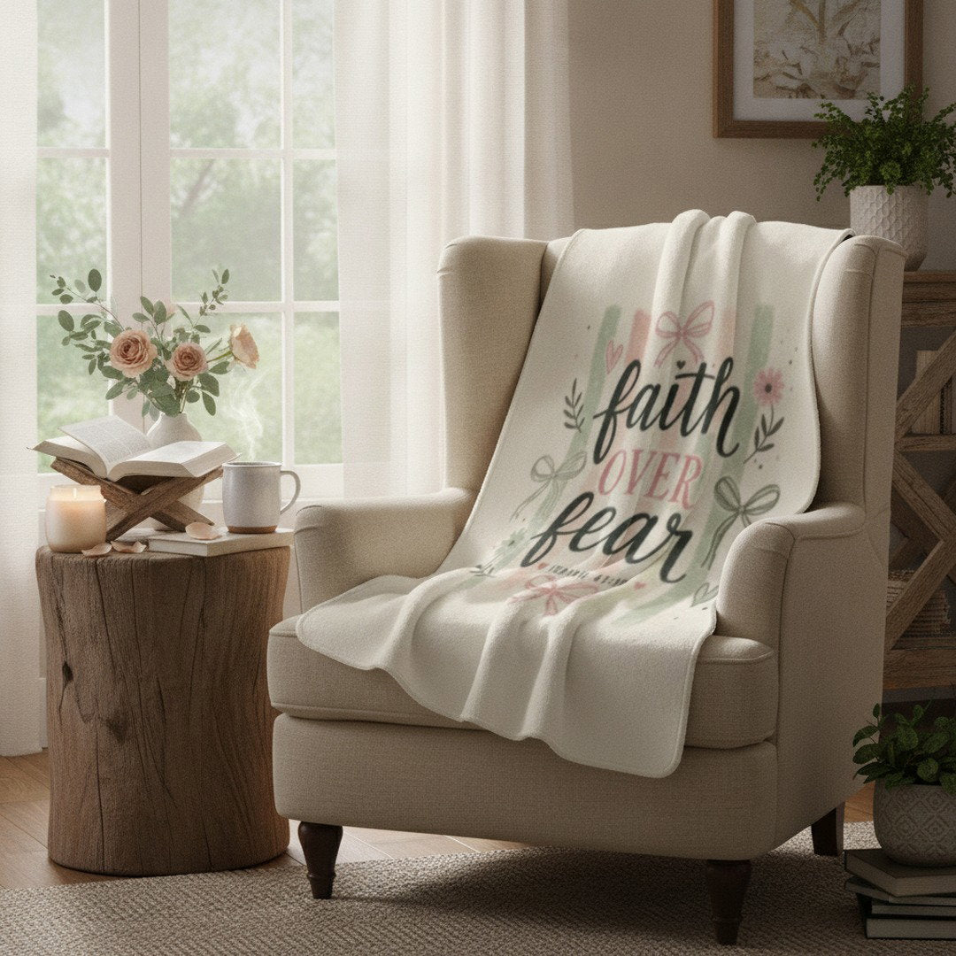 Faith Over Fear Sherpa Fleece Blanket | Christian Inspirational Throw | Isaiah 41:10 Cozy Blanket | Faith Gift