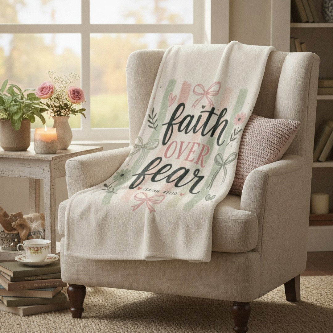 Faith Over Fear Sherpa Fleece Blanket | Christian Inspirational Throw | Isaiah 41:10 Cozy Blanket | Faith Gift