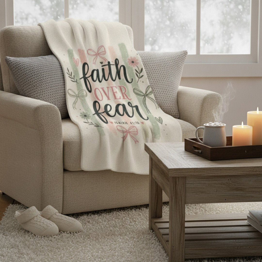 Faith Over Fear Sherpa Fleece Blanket | Christian Inspirational Throw | Isaiah 41:10 Cozy Blanket | Faith Gift