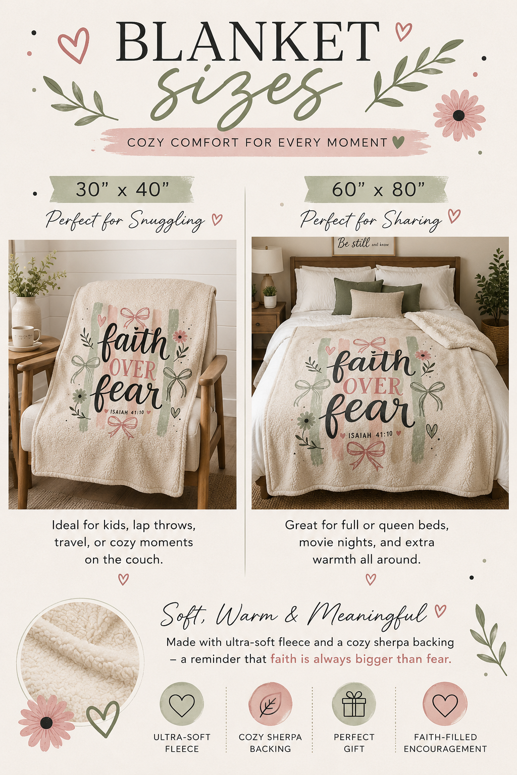Faith Over Fear Sherpa Fleece Blanket | Christian Inspirational Throw | Isaiah 41:10 Cozy Blanket | Faith Gift