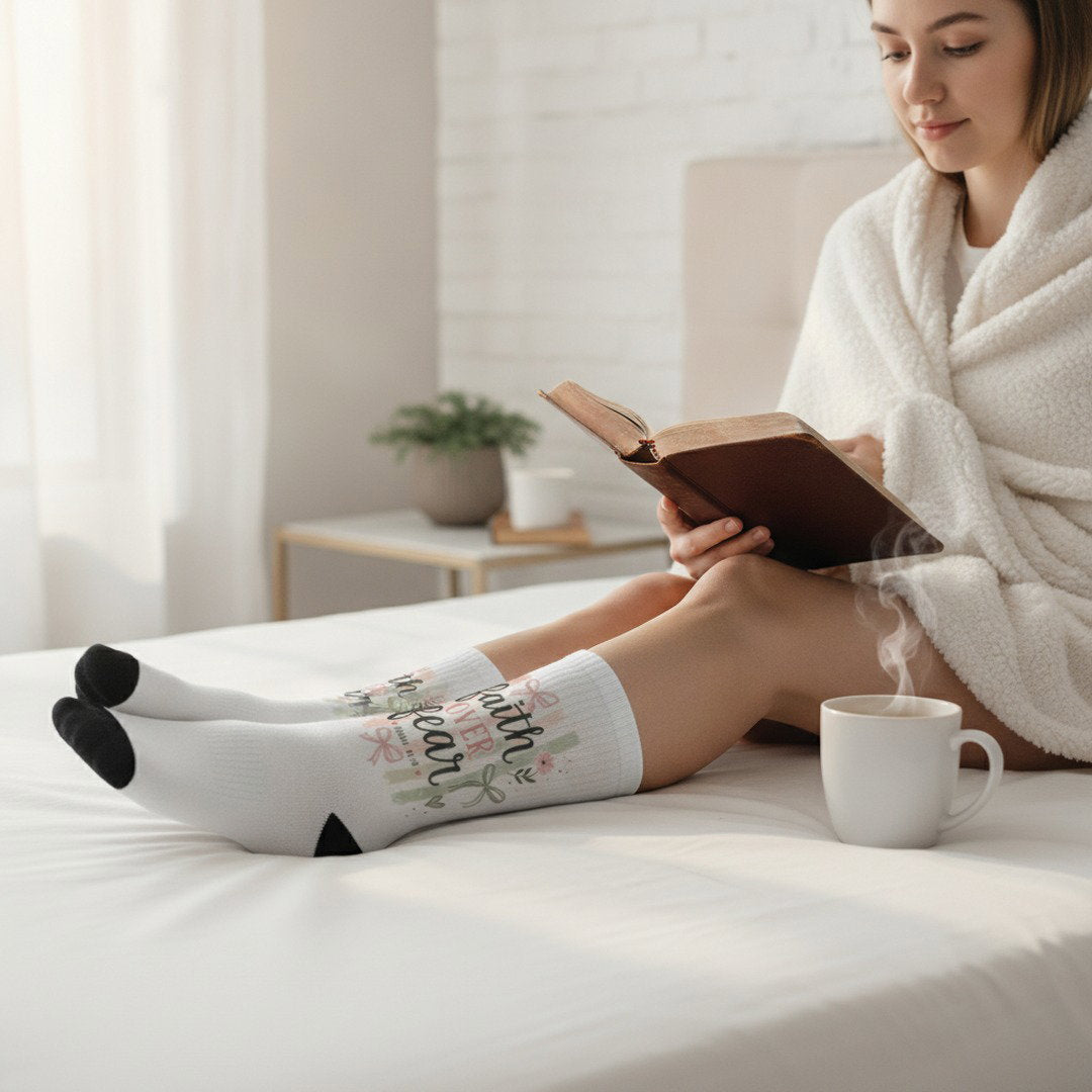 Faith Over Fear Crew Socks | Christian Socks | Isaiah 41:10 Gift | Inspirational Bible Verse Socks | Cozy Faith-Based Gift for Women