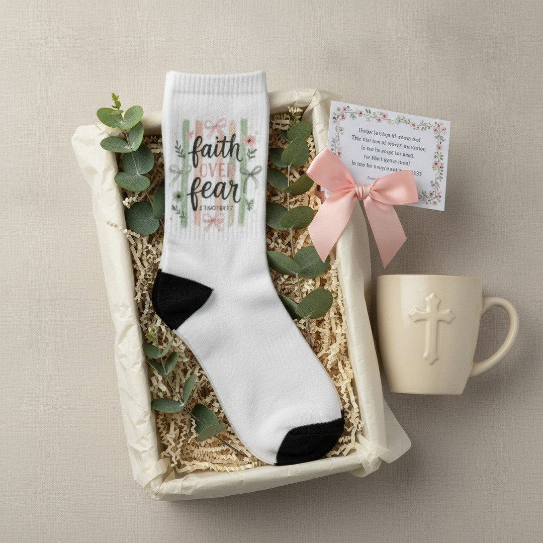 Faith Over Fear Crew Socks | Christian Socks | Isaiah 41:10 Gift | Inspirational Bible Verse Socks | Cozy Faith-Based Gift for Women