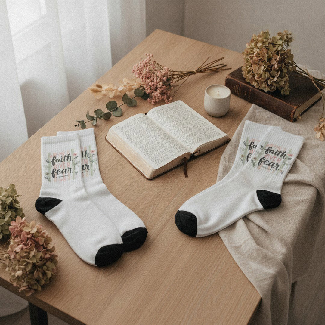 Faith Over Fear Crew Socks | Christian Socks | Isaiah 41:10 Gift | Inspirational Bible Verse Socks | Cozy Faith-Based Gift for Women