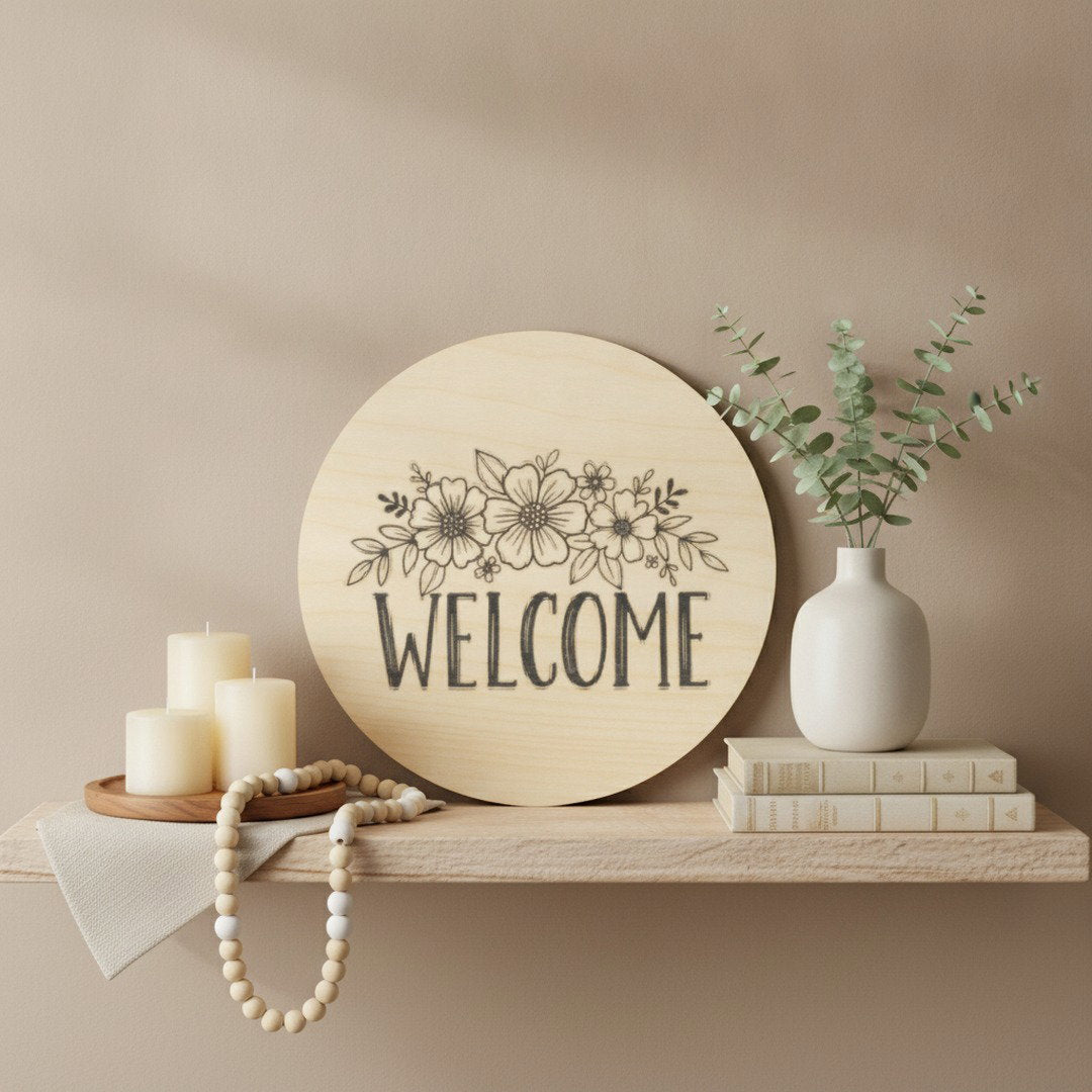 Floral Welcome Sign | Round Wooden Door Hanger | Farmhouse Home Decor | Front Porch Sign | Housewarming Gift