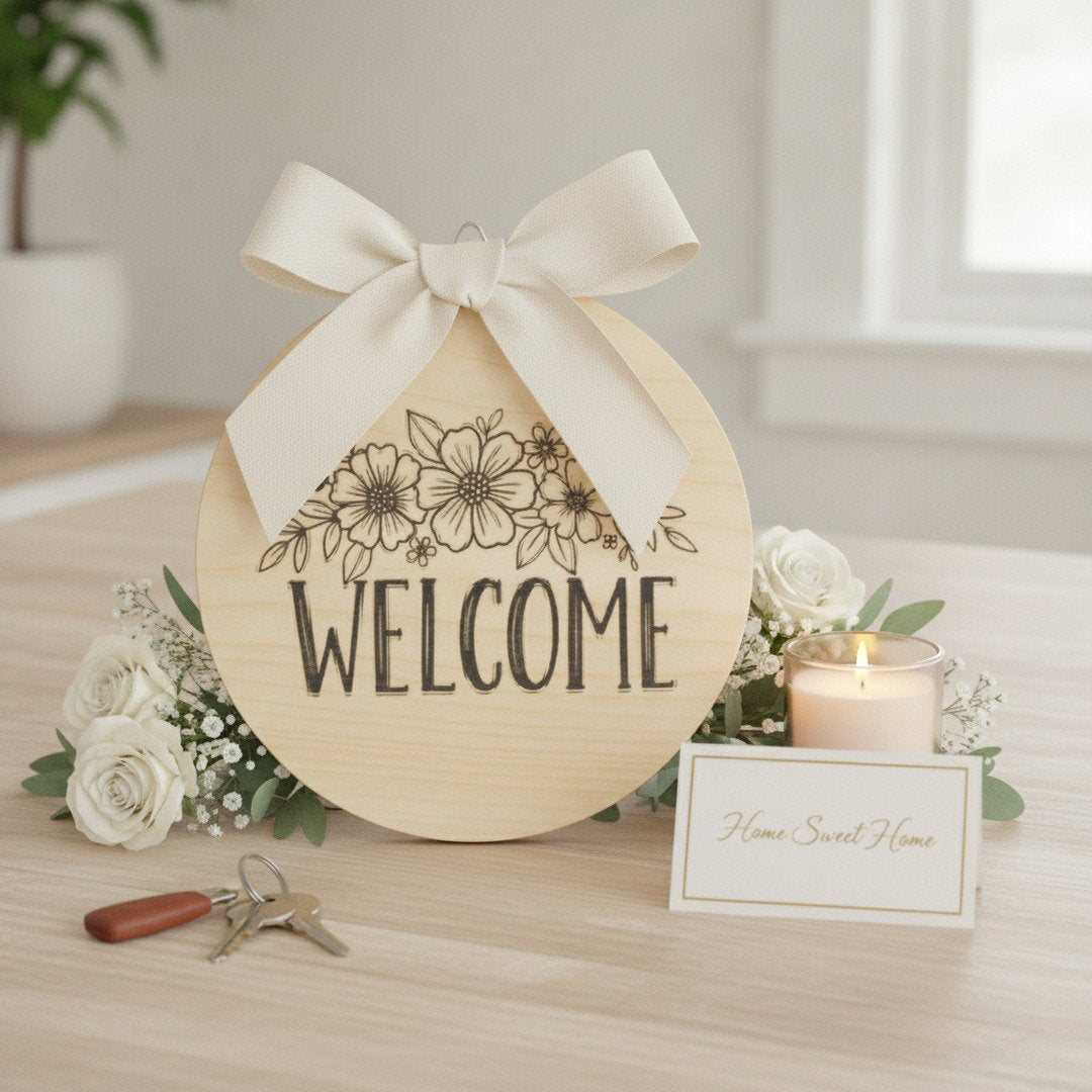 Floral Welcome Sign | Round Wooden Door Hanger | Farmhouse Home Decor | Front Porch Sign | Housewarming Gift