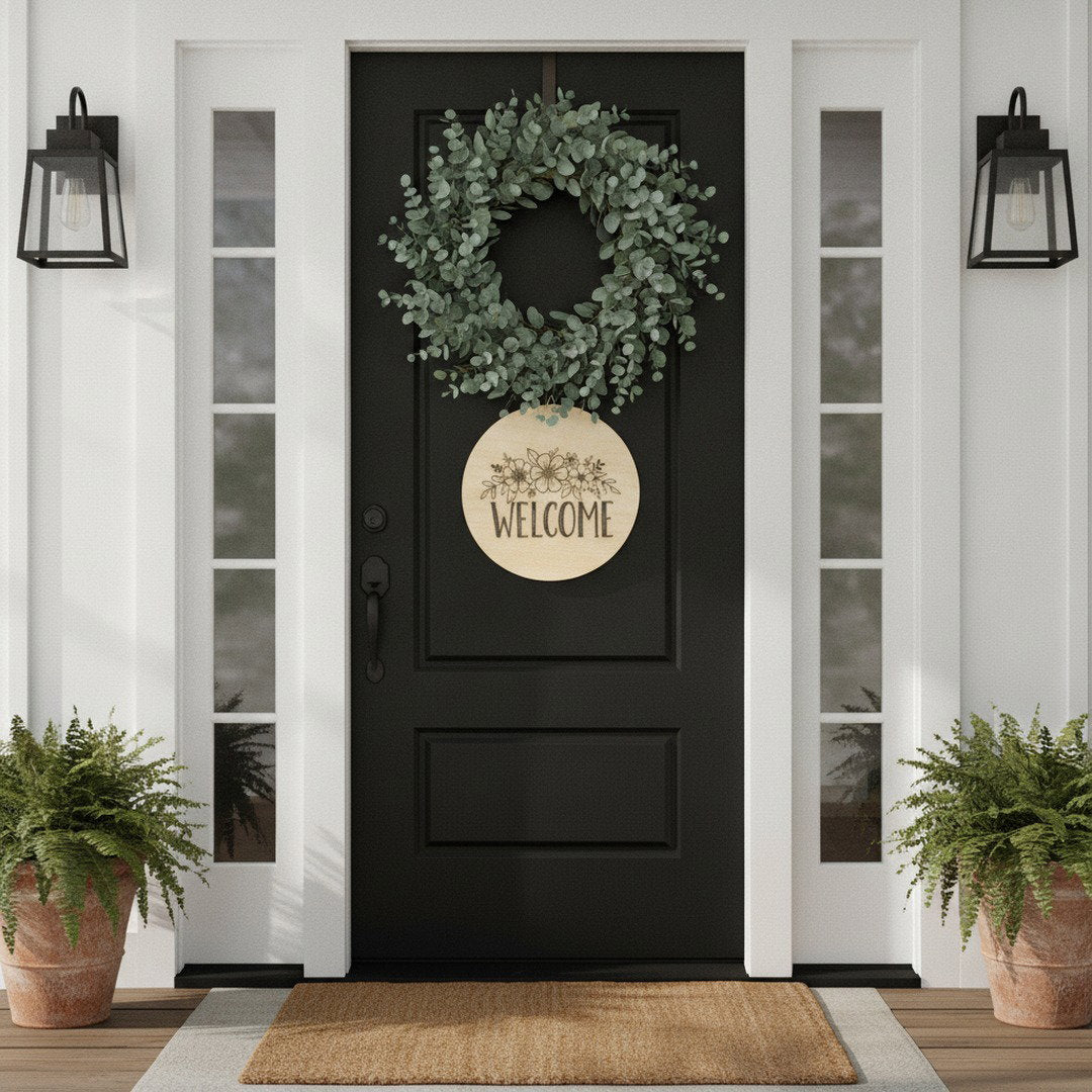 Floral Welcome Sign | Round Wooden Door Hanger | Farmhouse Home Decor | Front Porch Sign | Housewarming Gift
