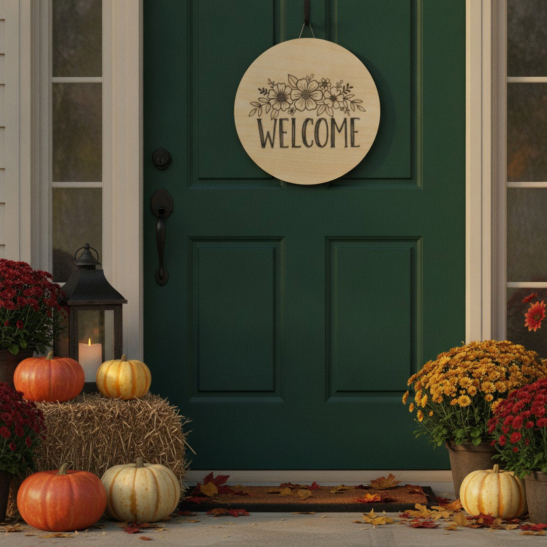 Floral Welcome Sign | Round Wooden Door Hanger | Farmhouse Home Decor | Front Porch Sign | Housewarming Gift