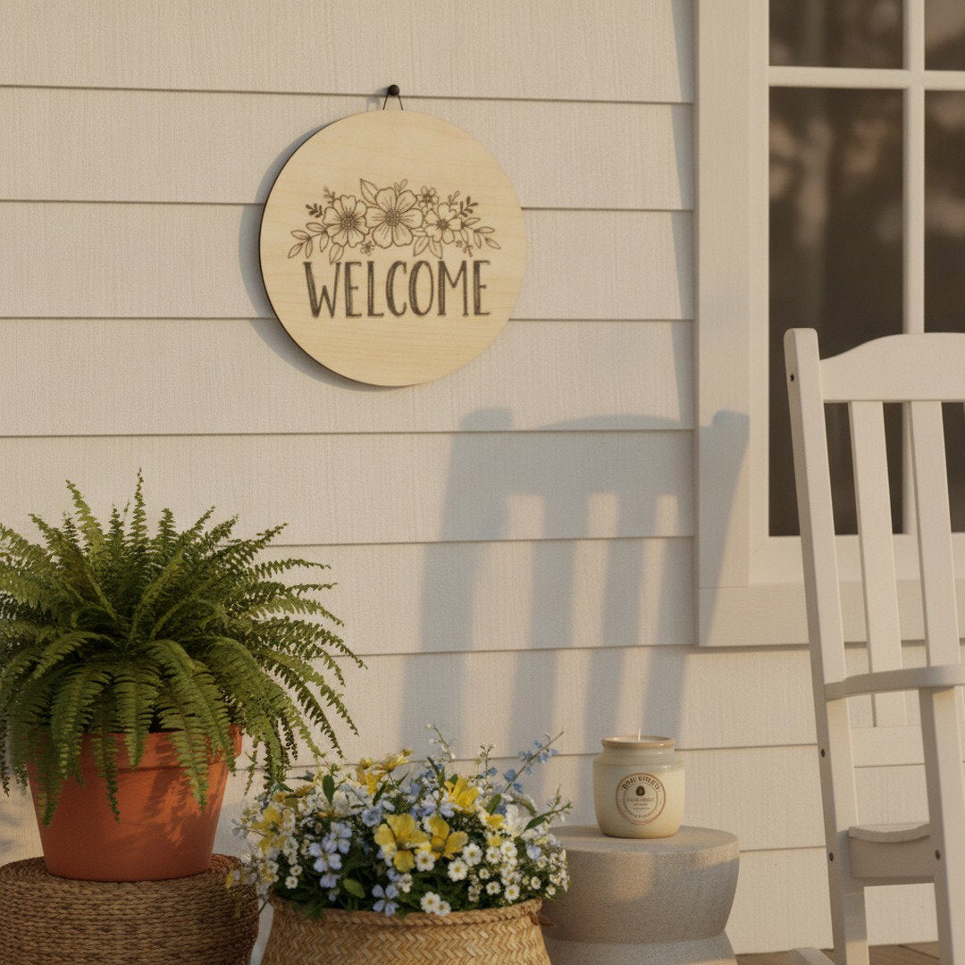 Floral Welcome Sign | Round Wooden Door Hanger | Farmhouse Home Decor | Front Porch Sign | Housewarming Gift
