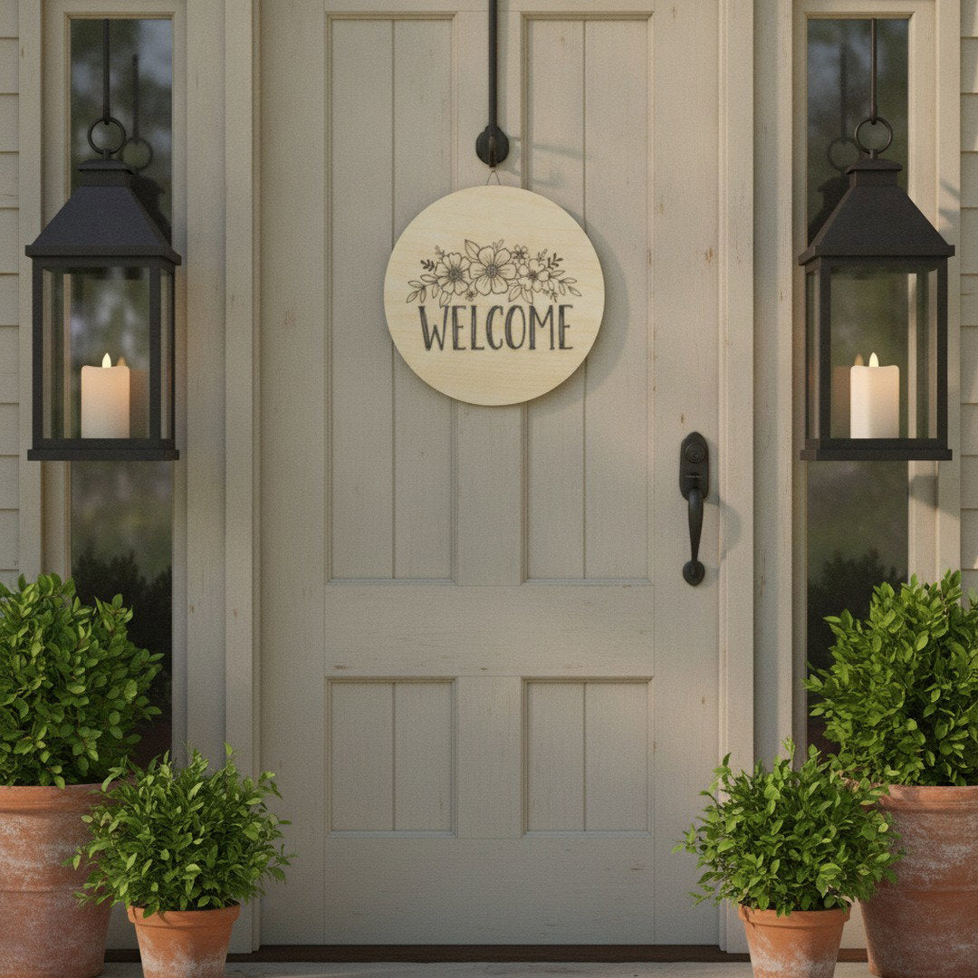 Floral Welcome Sign | Round Wooden Door Hanger | Farmhouse Home Decor | Front Porch Sign | Housewarming Gift