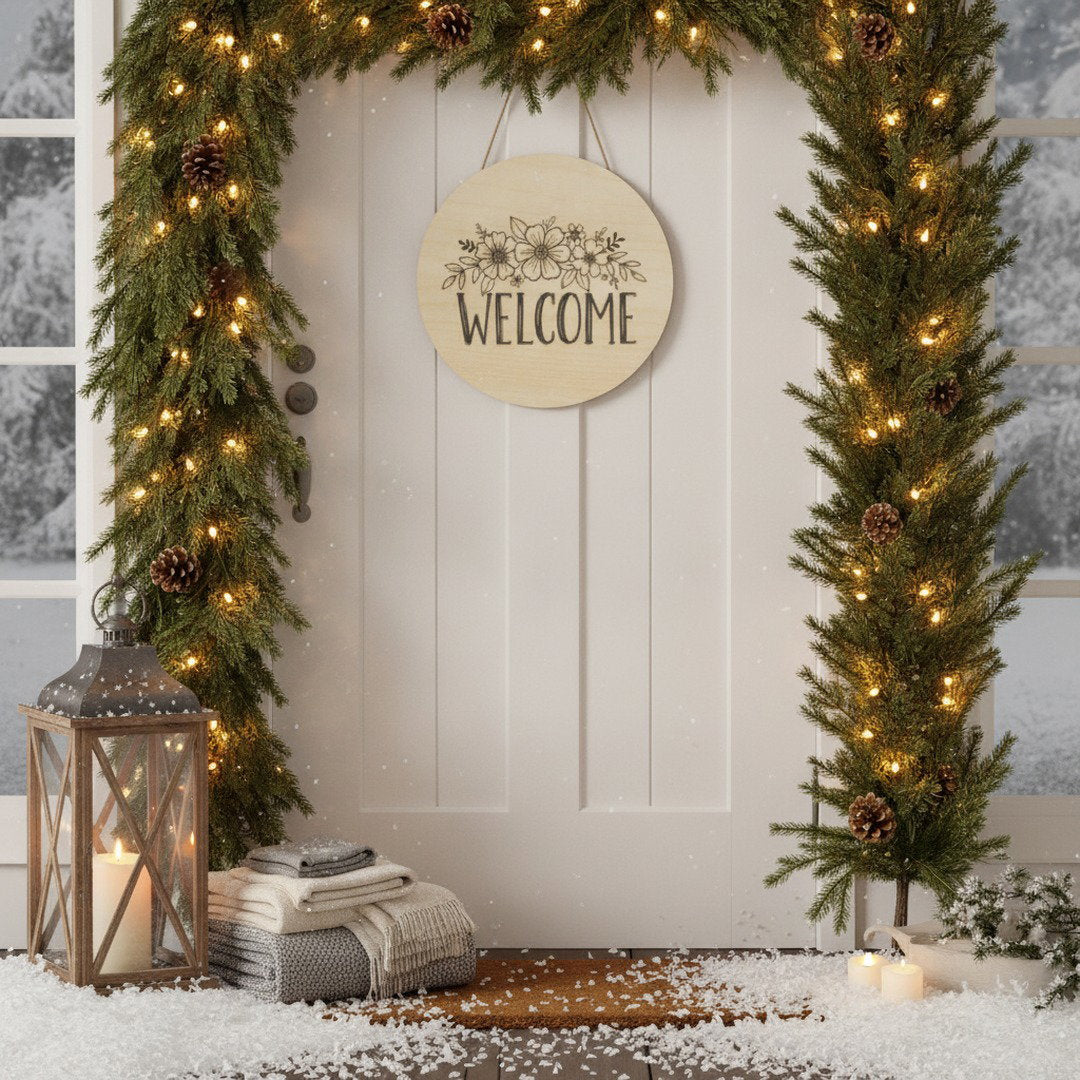 Floral Welcome Sign | Round Wooden Door Hanger | Farmhouse Home Decor | Front Porch Sign | Housewarming Gift