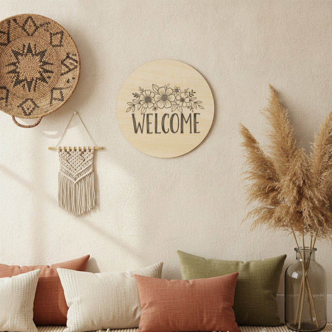 Floral Welcome Sign | Round Wooden Door Hanger | Farmhouse Home Decor | Front Porch Sign | Housewarming Gift