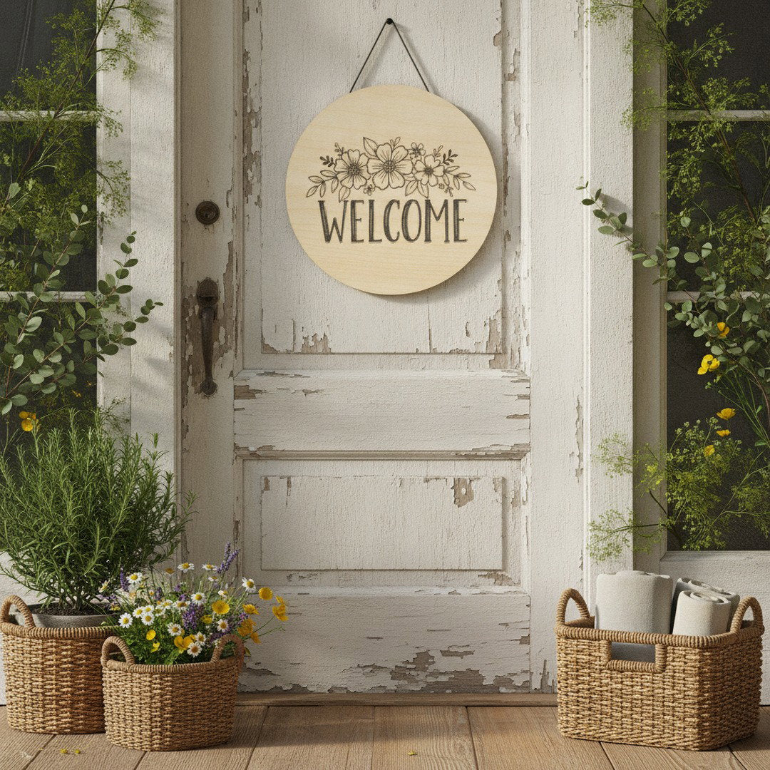 Floral Welcome Sign | Round Wooden Door Hanger | Farmhouse Home Decor | Front Porch Sign | Housewarming Gift