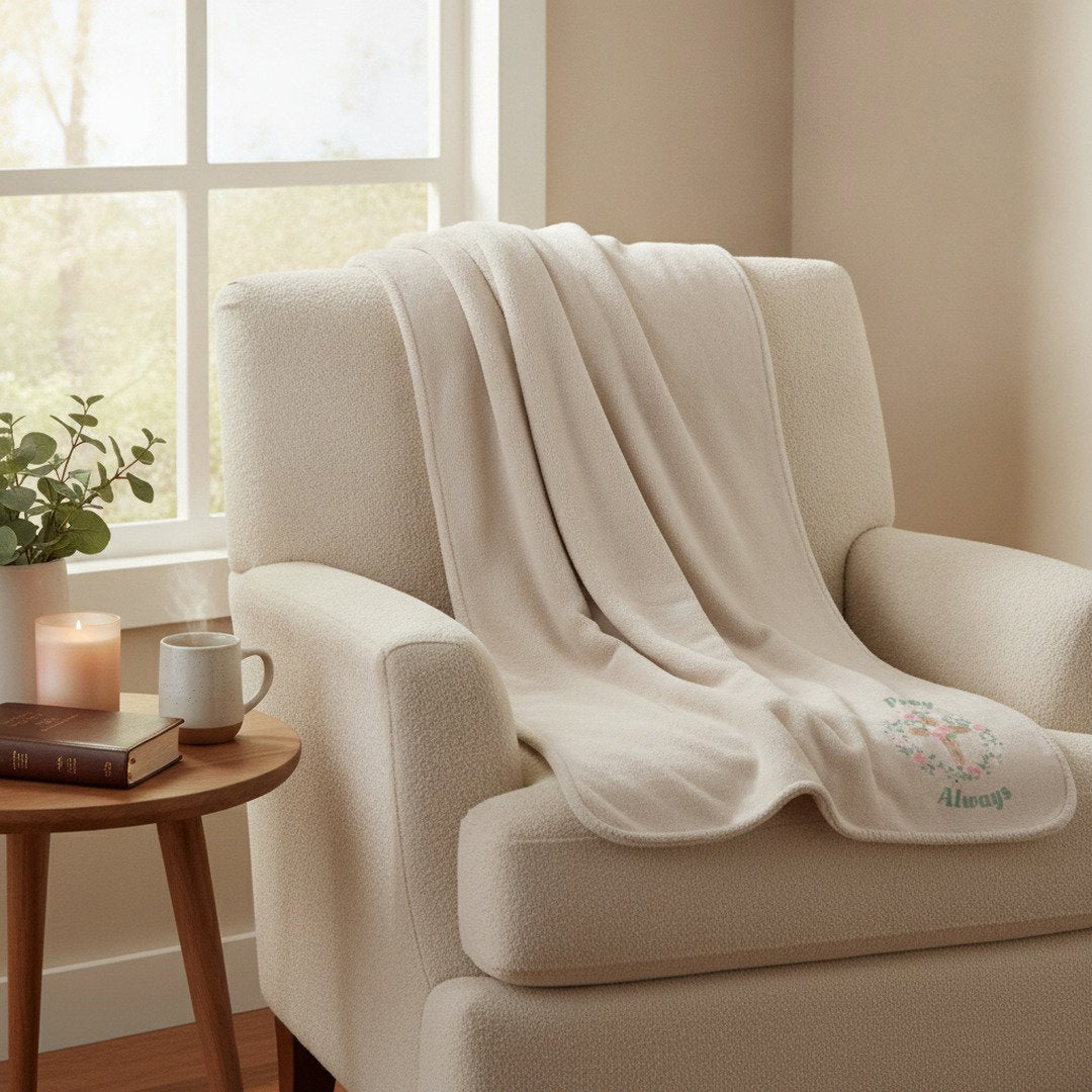 Pray Always Floral Cross Sherpa Blanket | Cozy Christian Throw Blanket | Faith Inspired Gift | Soft Plush Blanket