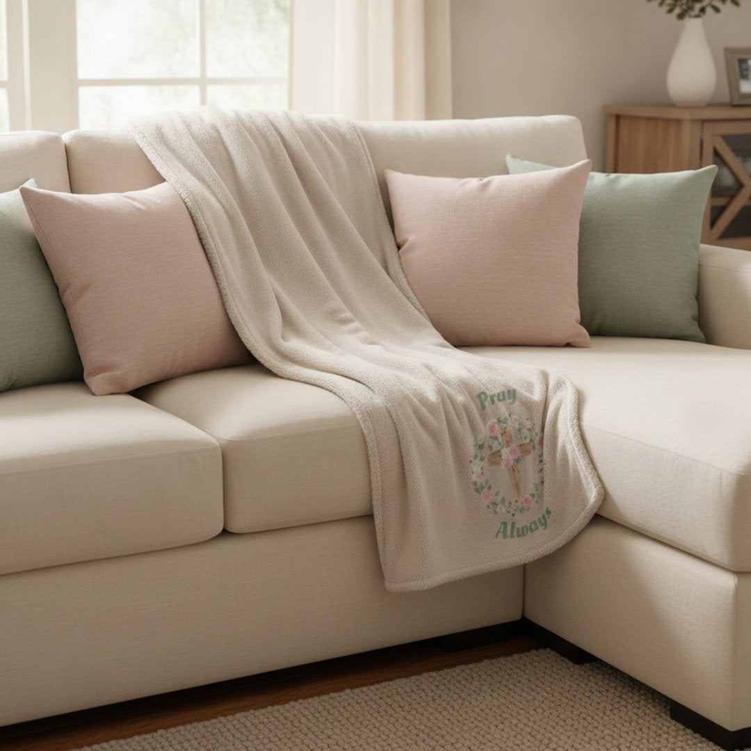 Pray Always Floral Cross Sherpa Blanket | Cozy Christian Throw Blanket | Faith Inspired Gift | Soft Plush Blanket