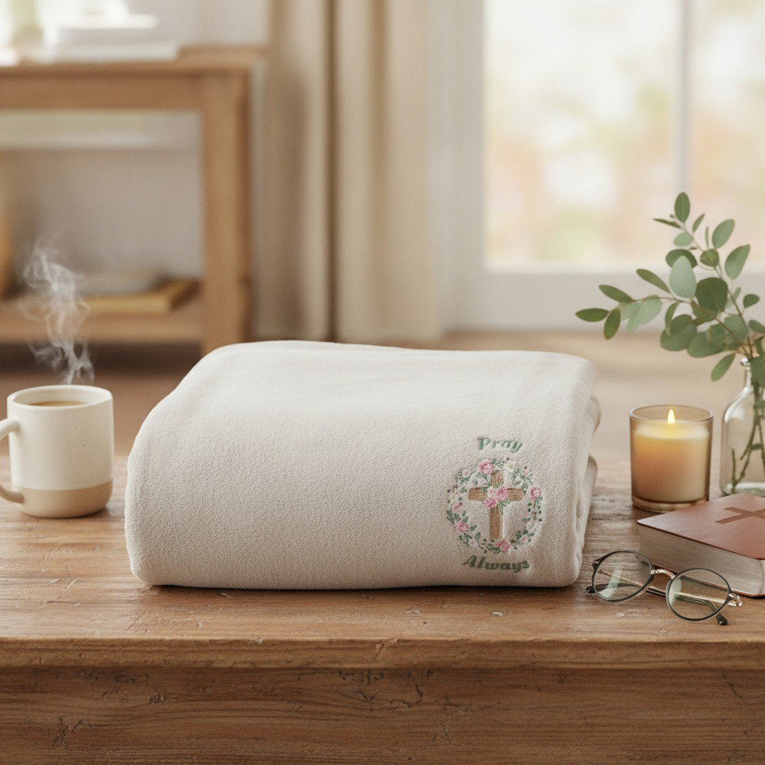 Pray Always Floral Cross Sherpa Blanket | Cozy Christian Throw Blanket | Faith Inspired Gift | Soft Plush Blanket