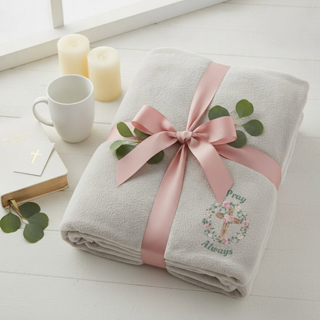 Pray Always Floral Cross Sherpa Blanket | Cozy Christian Throw Blanket | Faith Inspired Gift | Soft Plush Blanket