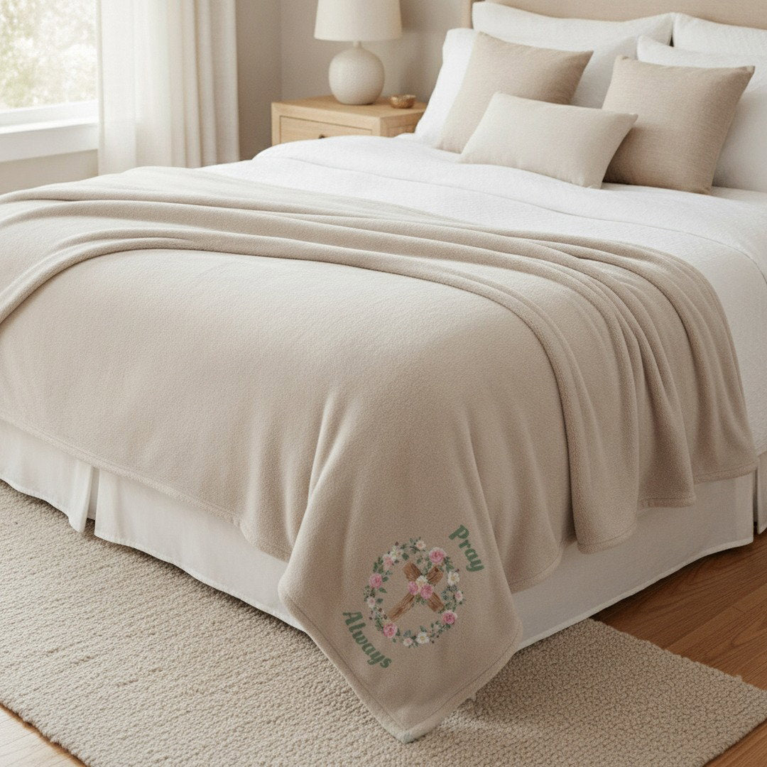 Pray Always Floral Cross Sherpa Blanket | Cozy Christian Throw Blanket | Faith Inspired Gift | Soft Plush Blanket
